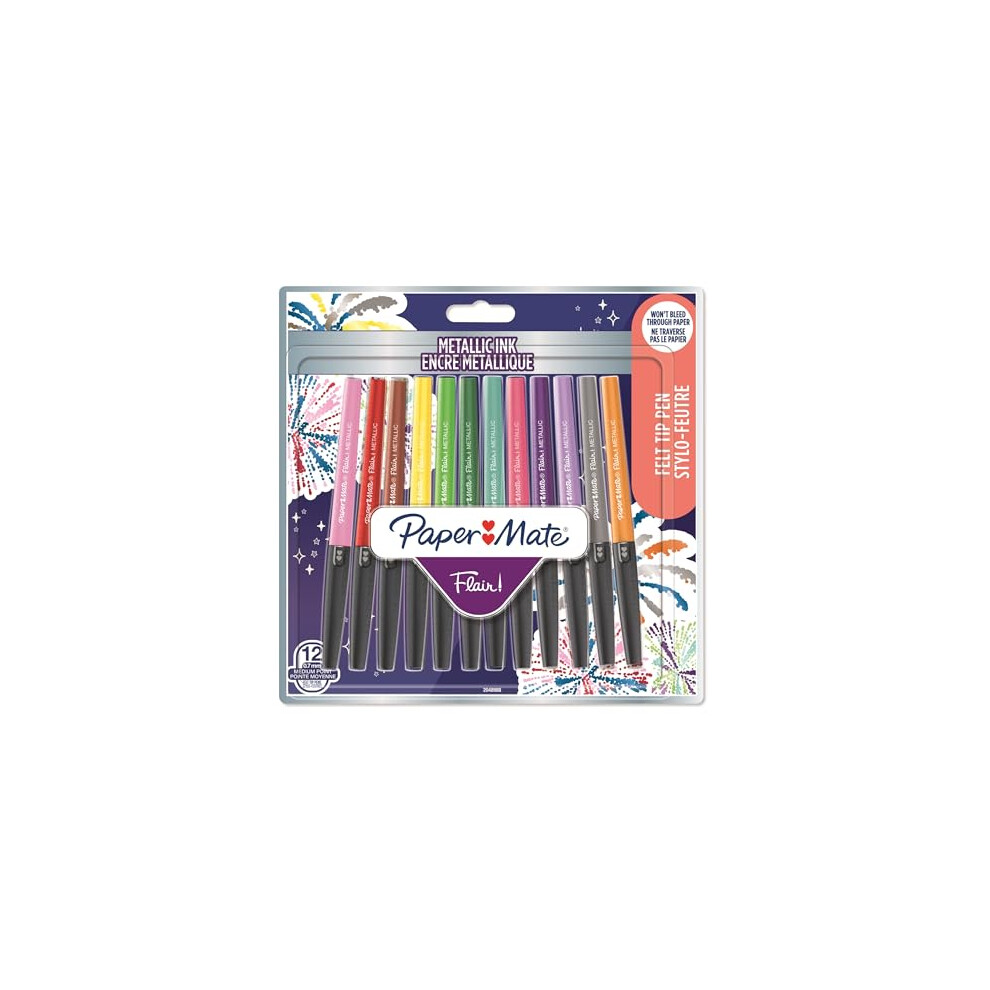 Flair Metallic Glitter Felt Tip Pens - Medium Point 1.0mm - Pack of 12 - Assorted Glittery Shiny Colours