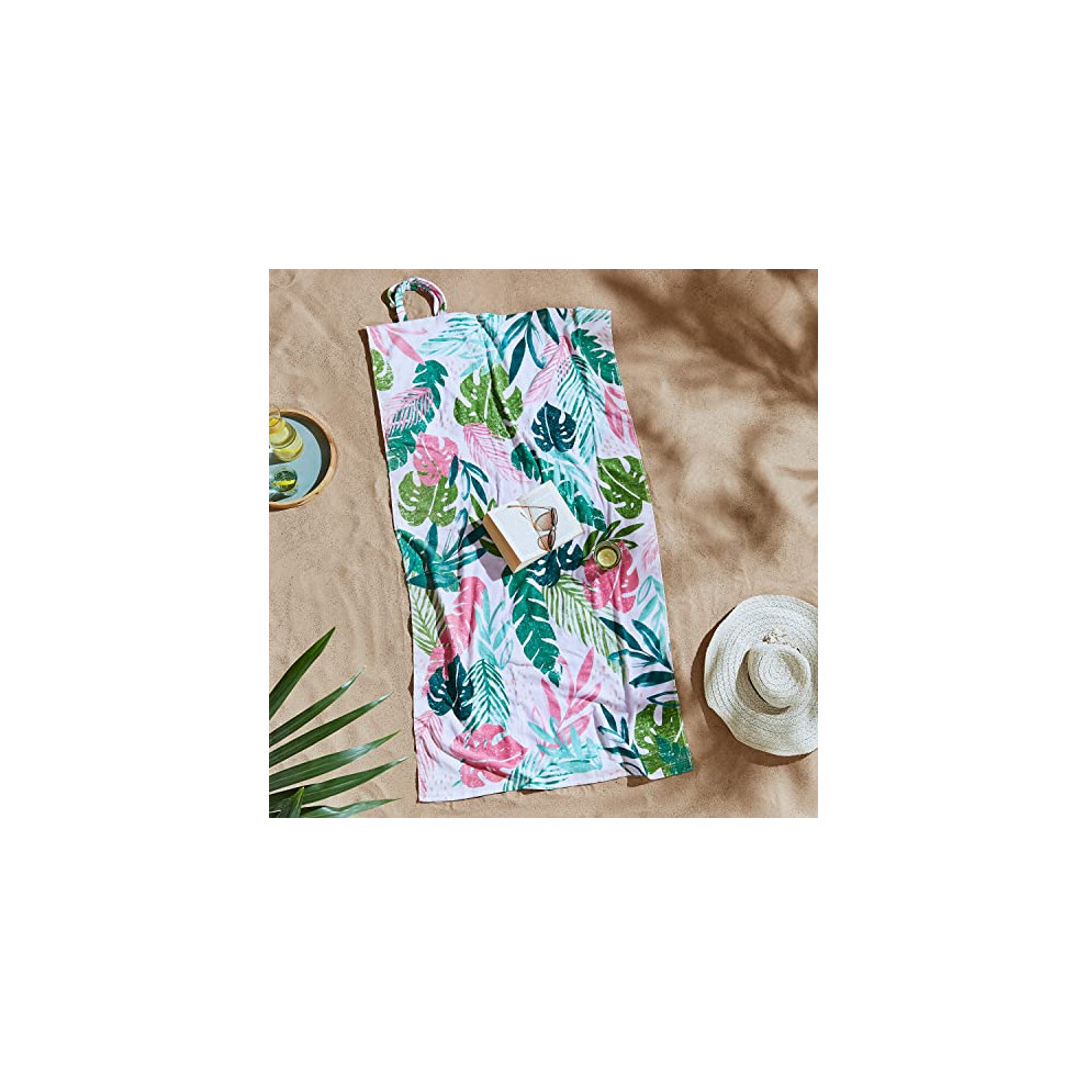 Tropical Palm Cotton Beach Towel in a Bag Pink