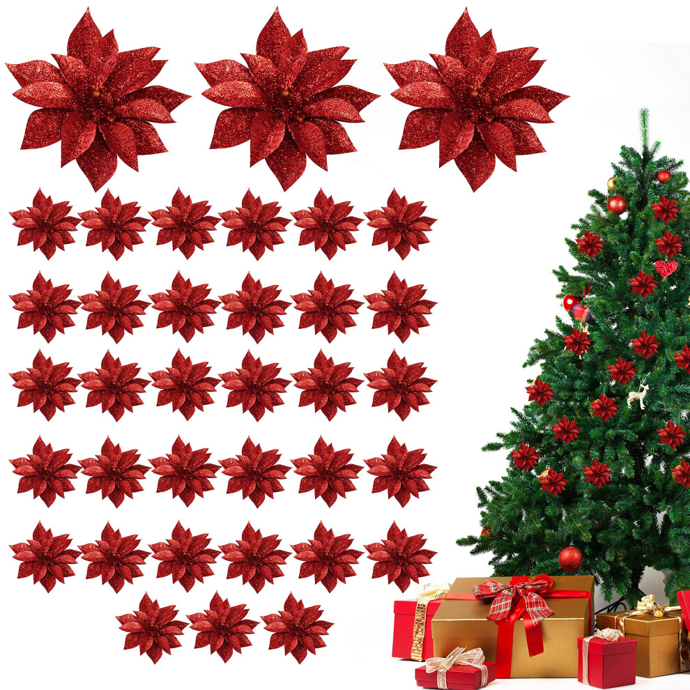 Poinsettia Artificial Flowers (36 Pack) - Red Glitter Poinsettia Christmas Decorations for Garlands Wreaths - Artificial Christmas Flowers Xmas Tree