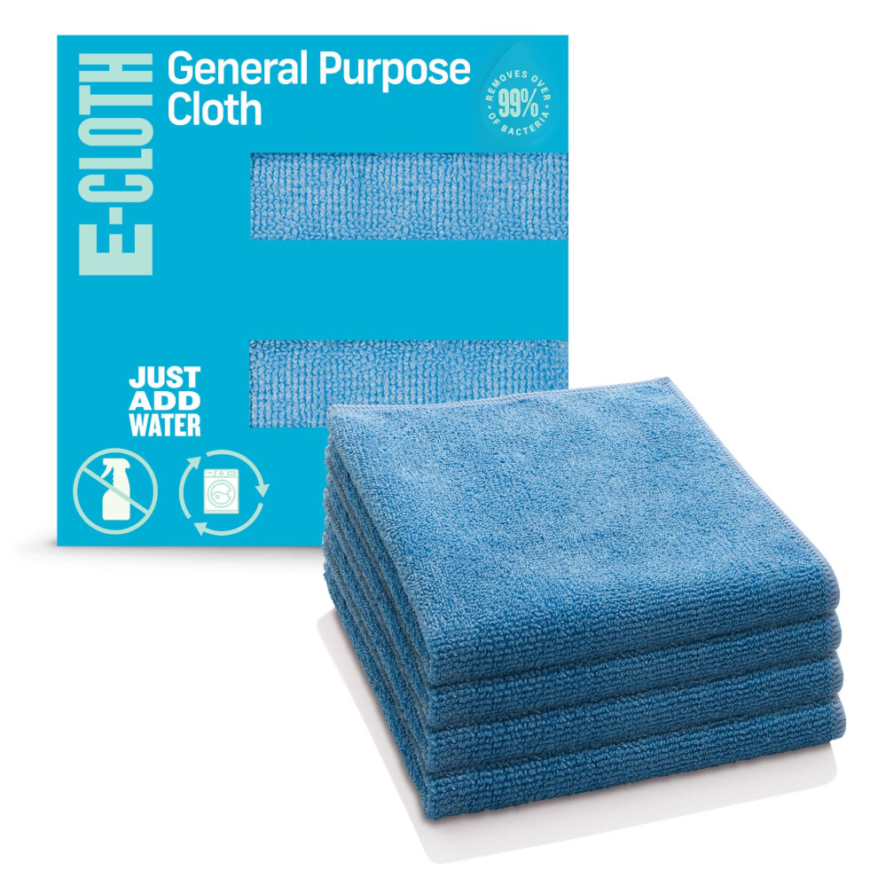 General Purpose Microfibre Cloth, Multipurpose Cleaning Cloth for Household Surfaces, Washable and Reusable, 100 Wash Promise, Blue, 4 Pack