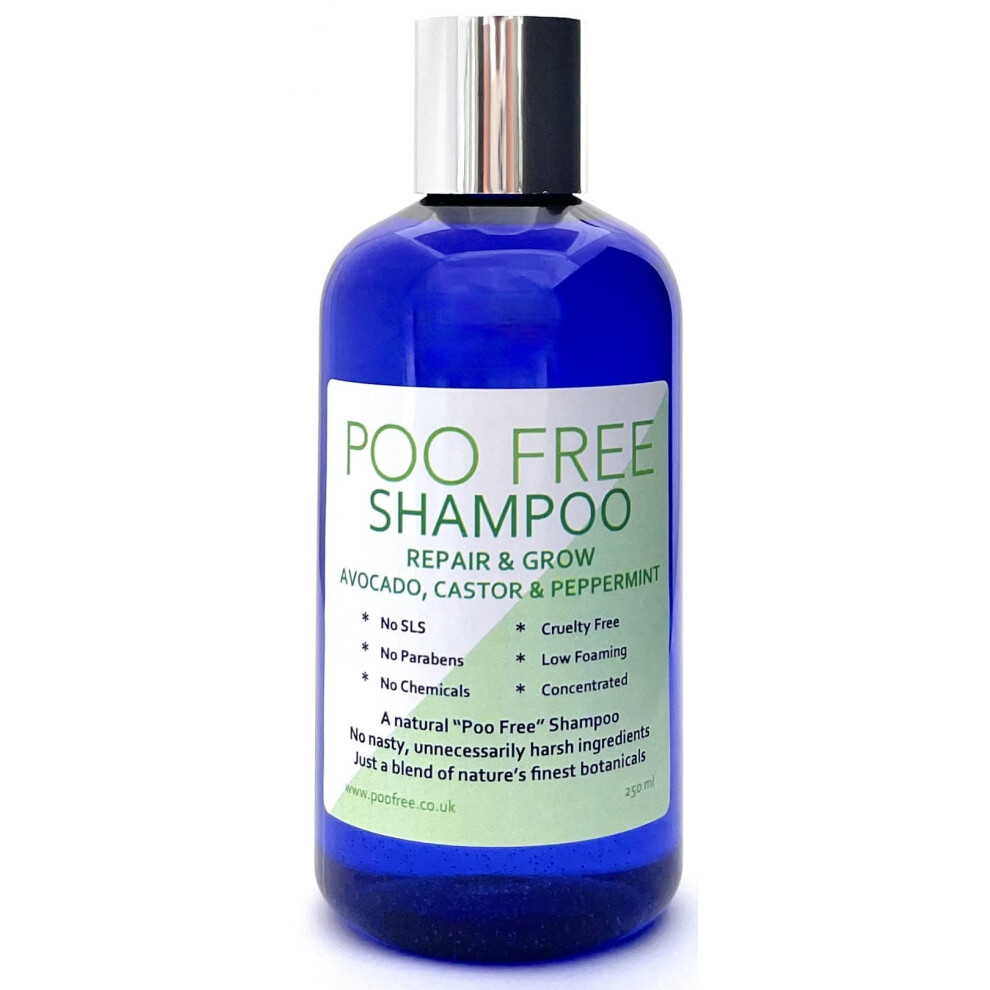Poo Free - Shampoo Repair & Grow - 99% Natural - Castor, Avocado, Mint. Sulfate/Parabens Free. Gentle, Concentrated. Ph 5.5 For Sensitive Skin. 250Ml