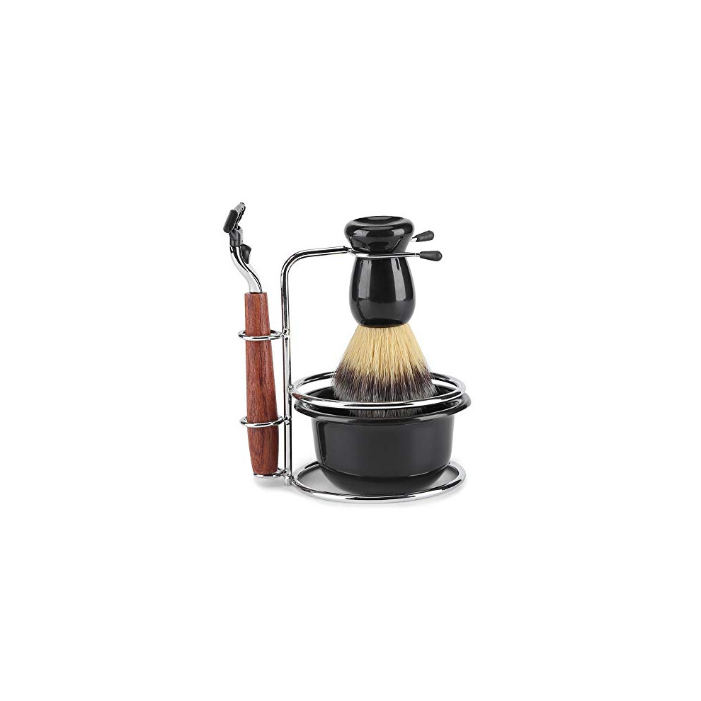 4 In 1 Shaving Brush Kit, Rosewood Shaving Kit Manual Razor Stainess Steel Stand Holder Brush Bowl Set, Beard Shaving Kit Perfect for Men's Wet