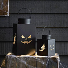 Set of 2 Black Metal Halloween Candle Lanterns LED Battery Operated for Indoor Outdoor Use