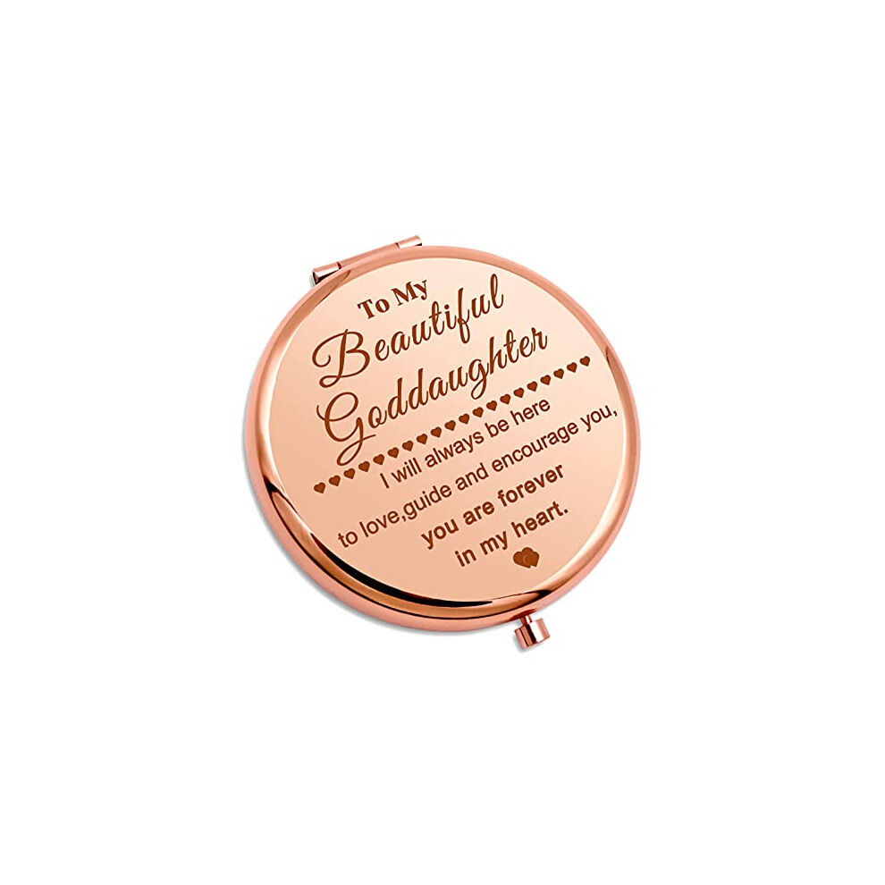 Gevody Gold Goddaughter Gift From Godmother - Rose Compact Mirror, Dual-Sided Magnifying, Engraved Pocket Makeup Mirror, Inspirational Christian Gift