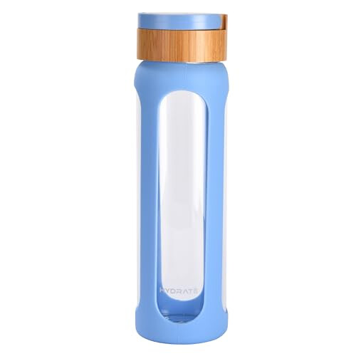 HYDRATE Bottles | Clear and Transparent 650ml Water Bottle with Light Blue Silicone Sleeve - BPA-Free - Stylish and Functional Glass Bottle - Leak-proof and