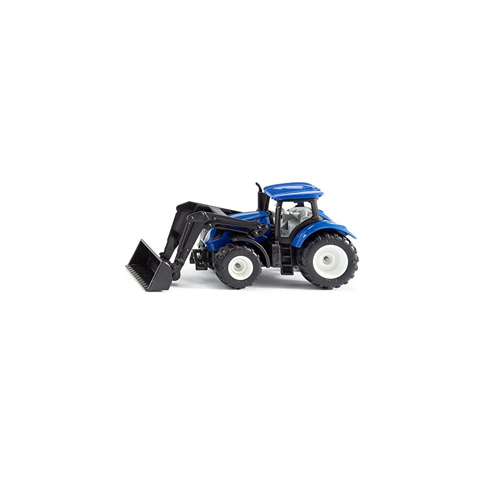 1396, New Holland tractor with front loader, Metal/Plastic, Blue/Black, Movable front loader, Trailer hitch