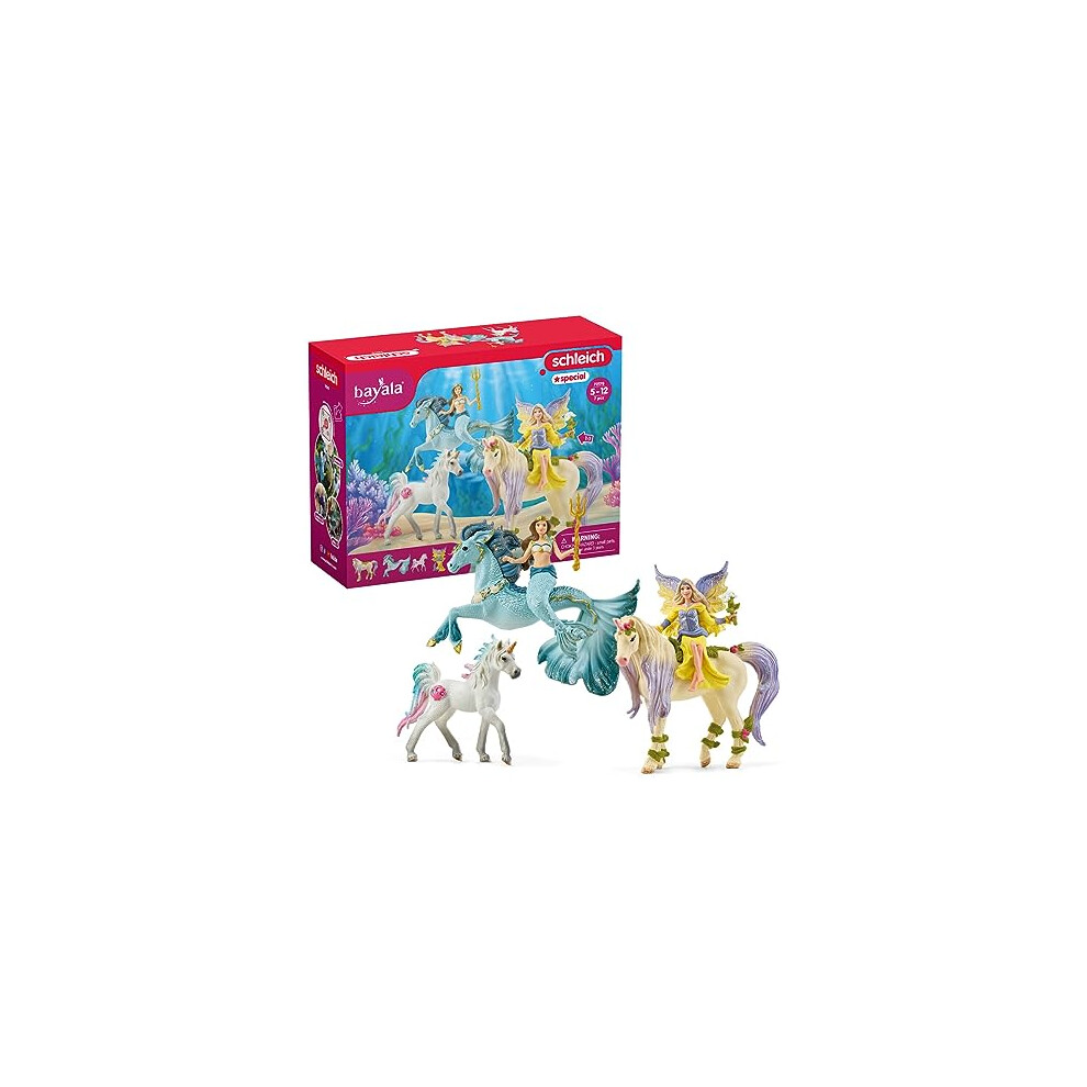 Bayala 72178 Fairy Feya, Mermaid Eyela, with Unicorn and Pony Playset - 5-Piece Perfect Little Magic Colourful Princess Animal Enchanting Glow Power