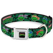 Buckle-Down Seatbelt Buckle Dog Collar - Classic TMNT Turtle Faces Black/Green Turtle Shell - 1"" Wide - Fits 15-26"" Neck - Large