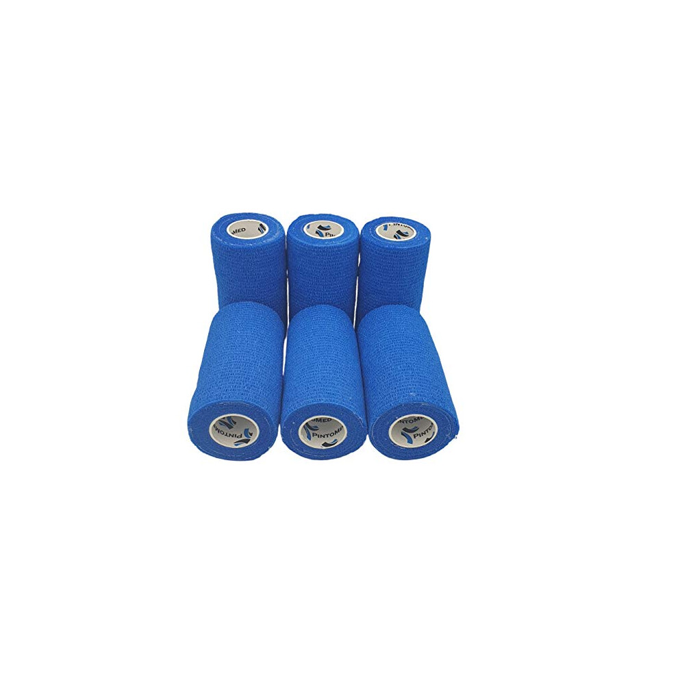 Pintomed Â 6X Blue X 10Cm X 4.5M Cohesive Bandage Stretched, Self-Adhesive Flexible Bandages, First Aid Sports Wrap Bandages Pack Individually For Medical,