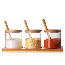 Condiment Container Seasoning Box Set, Glass Condiment Canisters Pots, Salt Sugar Spice Coffee Jar with Bamboo Wooden Spoon Lid and Base, Set of 3