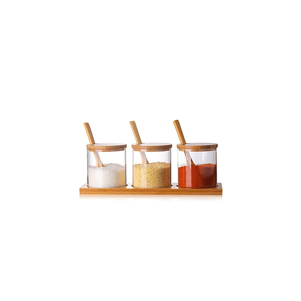 Condiment Container Seasoning Box Set, Glass Condiment Canisters Pots, Salt Sugar Spice Coffee Jar with Bamboo Wooden Spoon Lid and Base, Set of 3