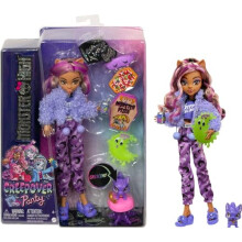 Monster High Creepover Party B bika Clawdeen Wolf so ps kom Crescentom, oblecenie a doplnky na spanie, ako napr klad maska na oci a pizza.