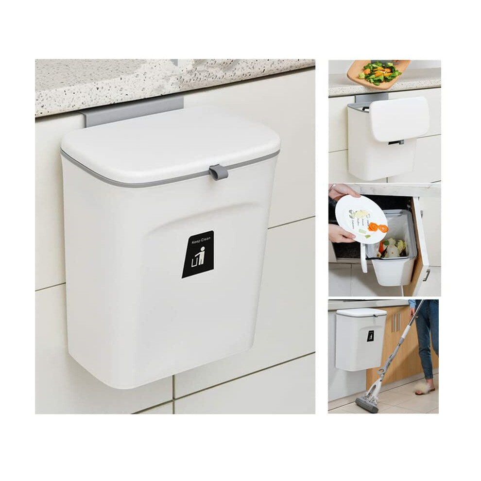 Compost Bin for Kitchen -2.4 Gallons/9L Trash Can for Under Sink,Hanging Small Trash Can with Lid for Bathroom/Bedroom, Indoor Compost Bucket (White)