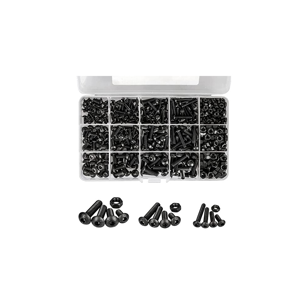 500Pcs Hex Socket Nuts And Bolts, M3 M4 M5 Button Head Hex Socket Machine Screws Alloy Steel Pan Head Black Hex Socket Bolts And Nuts Kit With Storage 769044738330