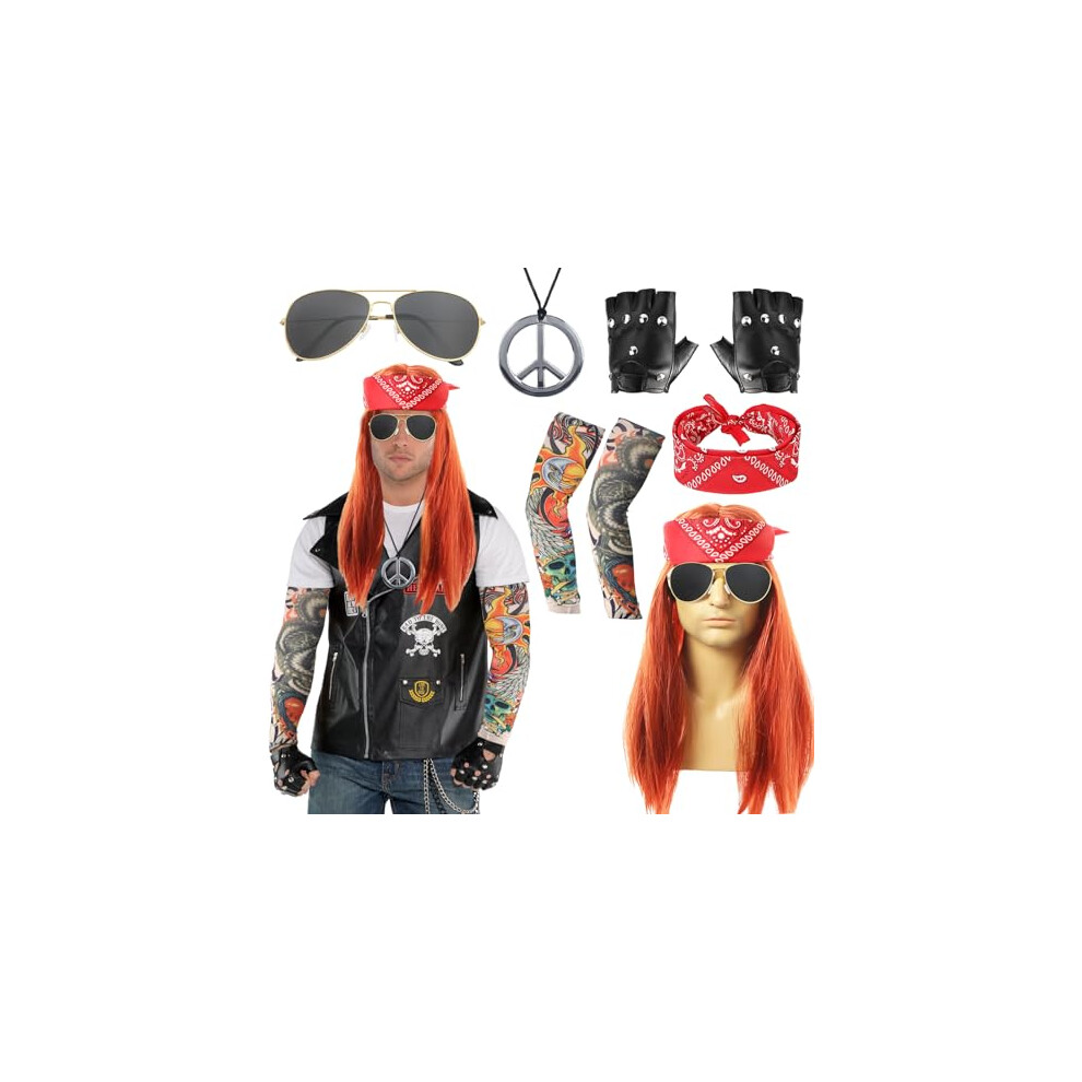 8 Pcs Rockstar Fancy Dress, Glam 80s 90s Men Costume Outfit with Heavy Metal Wigs Vintage Headband Sunglasses Punk Gloves Tattoo Sleeves Peace & Love