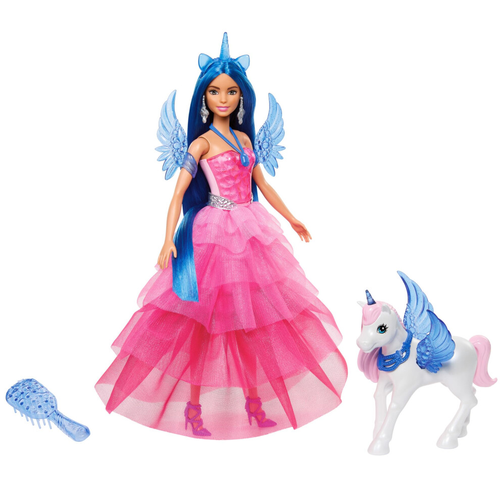 Unicorn Toy, 65th Anniversary Commemorative Doll with Blue Hair, Pink Gown and Accessories like Sapphire Wings and Pet Alicorn, HRR16