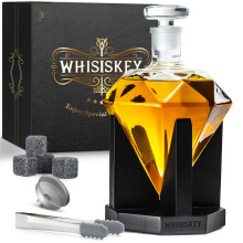 – Whiskey Decanter – Diamond - 900 ml – Whiskey Carafe Set – Gifts for Men – 4 Whiskey Stones – Spout – Glass Stopper and Pliers