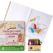 100% Natural Beeswax Crayons and Colouring Book Pack - Large, Easy to Hold, Non Toxic Crayons (12 Pack) PLUS a Premium Quality Bound Colouring Book.