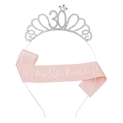 Birthday Sash And Tiara For Women, Rose Gold 30 Birthday Tiara Headband With Happy 30th Birthday Sashes Gifts 30th Birthday Crown Rhinestone Headband And Sash Set For 30 Birthday Party Decorations