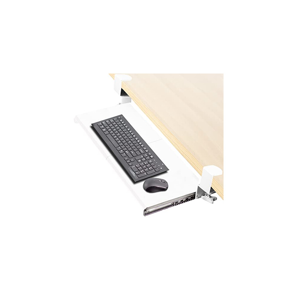 Clamp-on Computer Keyboard and Mouse Under Desk Mount Slider Tray, 69cm (84 Including Clamps) x 28cm Pull Out Platform Drawer, White, MOUNT-KB05W