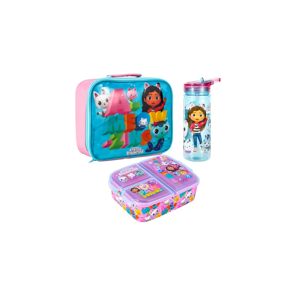 Gabby's Dollhouse Kids Childrens Lunch Box Set – Insulated Lunch Bag, Multicompartment Lunch Box & 580ml Water Bottle - School Travel Lunch Food Set