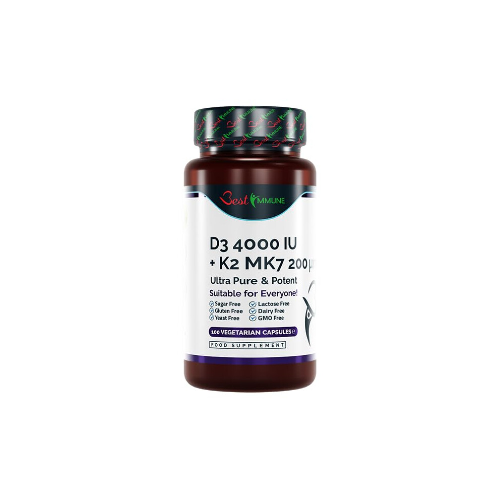 Vitamin D3 4000IU + K2 MK7 200mcg Ultra Pure and Potent Natural Premium Quality 100 Capsules - Immune Support