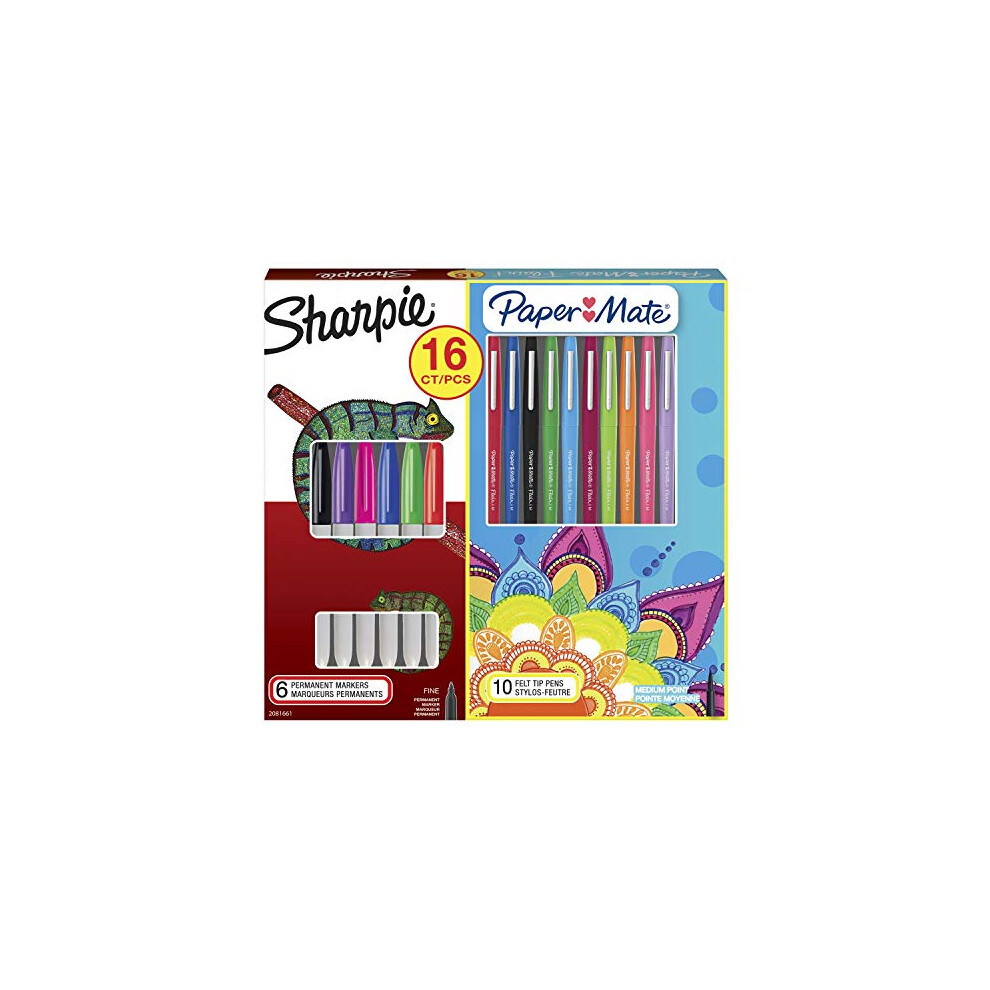Sharpie Permanent Marker & Paper Mate Flair Felt Tip Pen Kit | Assorted Colours | 16 Count
