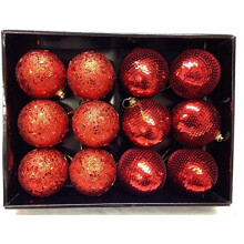 Toyland Set of 12-80mm Glitter Baubles with Jewels/Beads - Christmas Tree Decorations (Red Glitter & Sequin Mix)