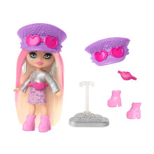 Barbie Extra Mini Minis Reise-Puppe mit pinkem & blondem Haar, Fransenoberteil, pastellfarbenem Minirock & Zubehör