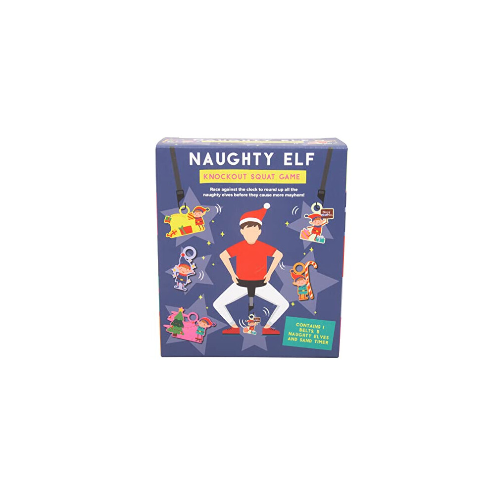 Christmas Naughty Elf Knockout Squat Game. Squat, Hook & Race! Christmas Family Party Game. Includes 5 Naughty Elf Cards, Adjustable Game Belt, Game