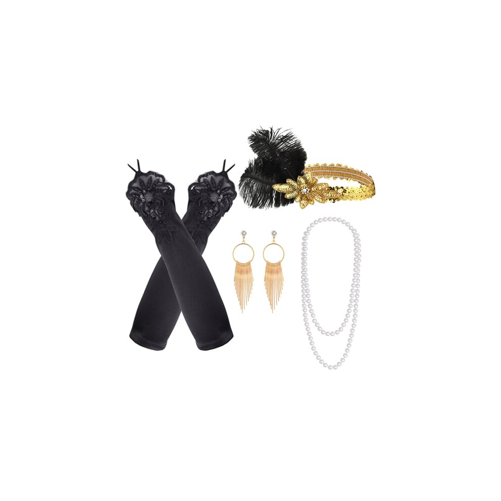 7 Pieces 1920s Flapper Great Gatsby Accessories Set Fashion Roaring 20's Theme Set with Headband Headpiece Long Black Gloves Necklace Earrings for