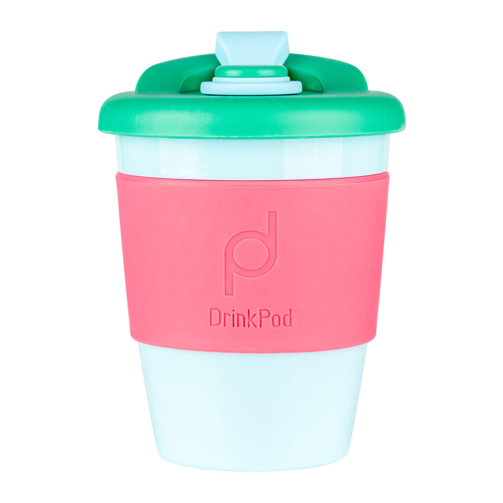 DrinkPod 12oz/340 ml Reusable Coffee Cup / Travel Mug with Rotating Rubber Lip BPA Free PLA Plastic – Laguna Rosa / Pink