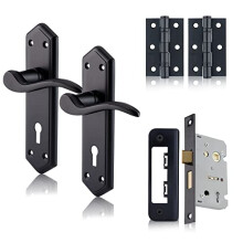 Black Beauty Range Matt Black London Suite Lever Lock Pack, Complete Set with Lock Door Handles, 65mm Sashlock and 75mm Ball Bearing Hinges, for