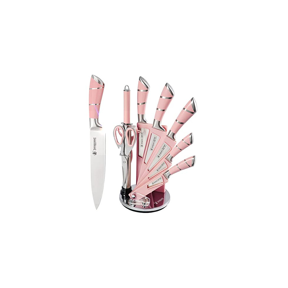 Sharp Kitchen Knife Set, Relogeuhr Stainless Steel Knife Block Set with Chef Knife,Bread Knife,Carving Knife,Scissors and Knife Sharpener (Pink)…