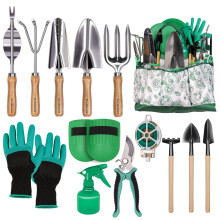 Gardening Hand Tool Kit 14PCS Heavy Duty Stainless Steel Garden Tool Set with Floral Garden Tote -Outdoor Gardening Transplanting Gifts for Woman