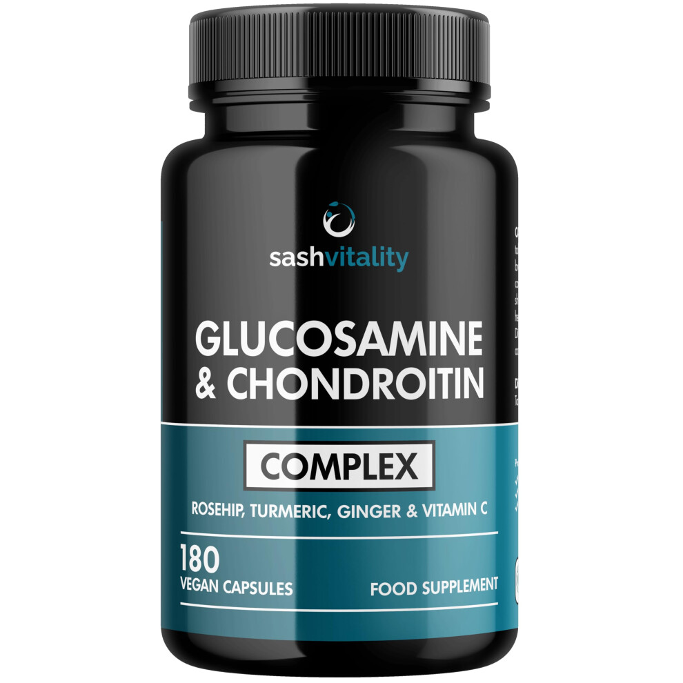 Glucosamine and Chondroitin Complex - 180 Capsules - High Strength with Rosehip, Turmeric, Ginger and Vitamin C Supplements - Healthy Immune System -