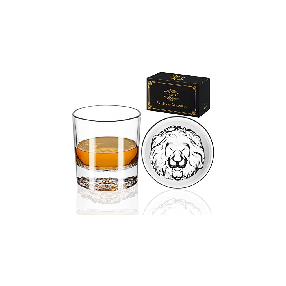 Whiskey Glasses Set of 2, Lion Pattern Thick Bottom, 10.6oz/300ml Crystal Glasses for Whisky Glass, Gin, Vodka, Cocktail Glasses, Whisky Gift Set,