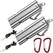 Silver 2 Pieces Emergency Survival Whistle | Double Tubes Safety Whistles | Survival Whistle with Lanyard and Key Ring for Camping Hiking Hunting Pet