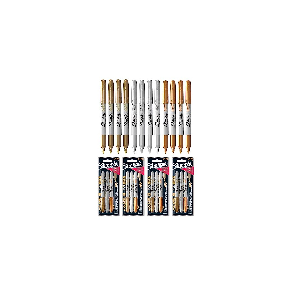 Metallic Permanent Marker Pens - Fine Point - Pack of 12 - Assorted Metallic Colours - Gold, Silver, Bronze