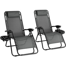 Zero Gravity Chair Set of 2 - Folding Outdoor Sunloungers, Adjustable to 170, Cup Holders, Headrest Pillow, 150kg Capacity