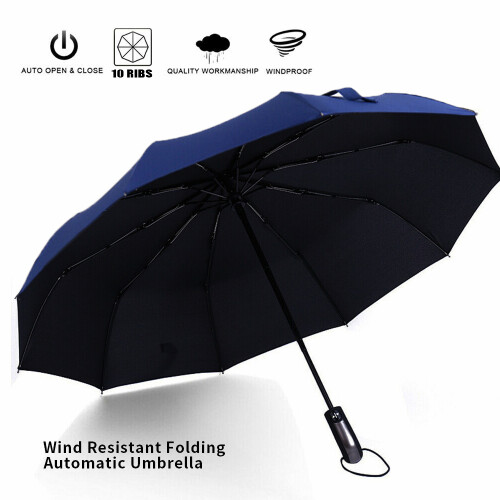 (Blue) 10 Ribs Windproof Automatic Folding Umbrella 2