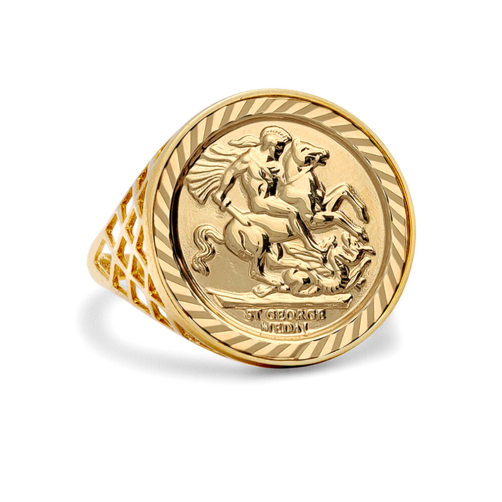 (R) Jewelco London Men's Solid 9ct Yellow Gold St George Dragon Slayer Basket Half-Sovereign-Size Ring