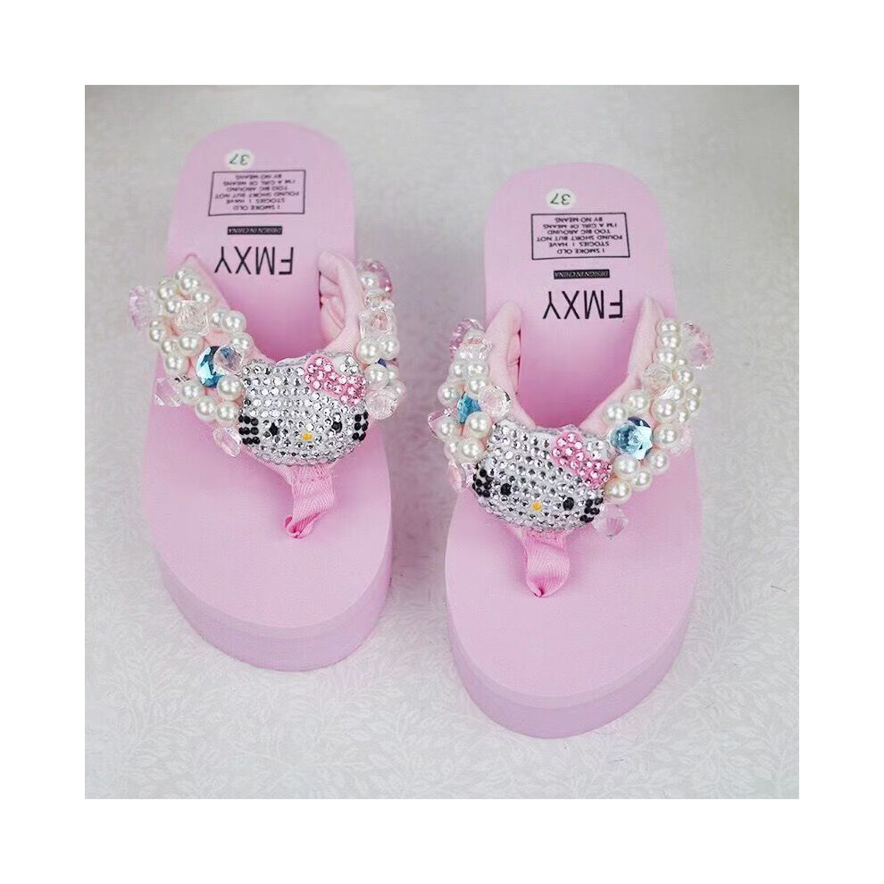 (A, CN 42) Sanrio Hello Kitty Soft Flip Flop Sandals Y2k Beach Slides Shoes Women Kawaii Casual Wedge High Heels Platform Slippers Ladies