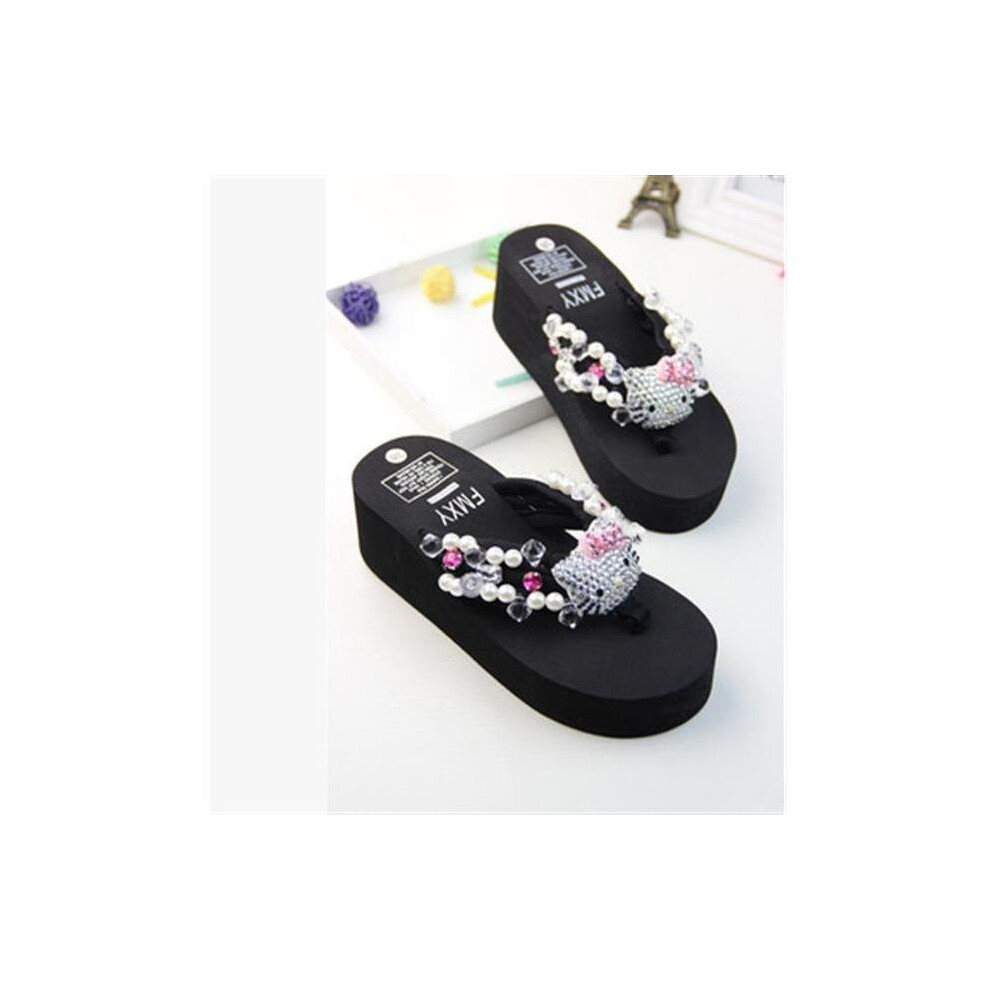 (C, CN 39) Sanrio Hello Kitty Soft Flip Flop Sandals Y2k Beach Slides Shoes Women Kawaii Casual Wedge High Heels Platform Slippers Ladies
