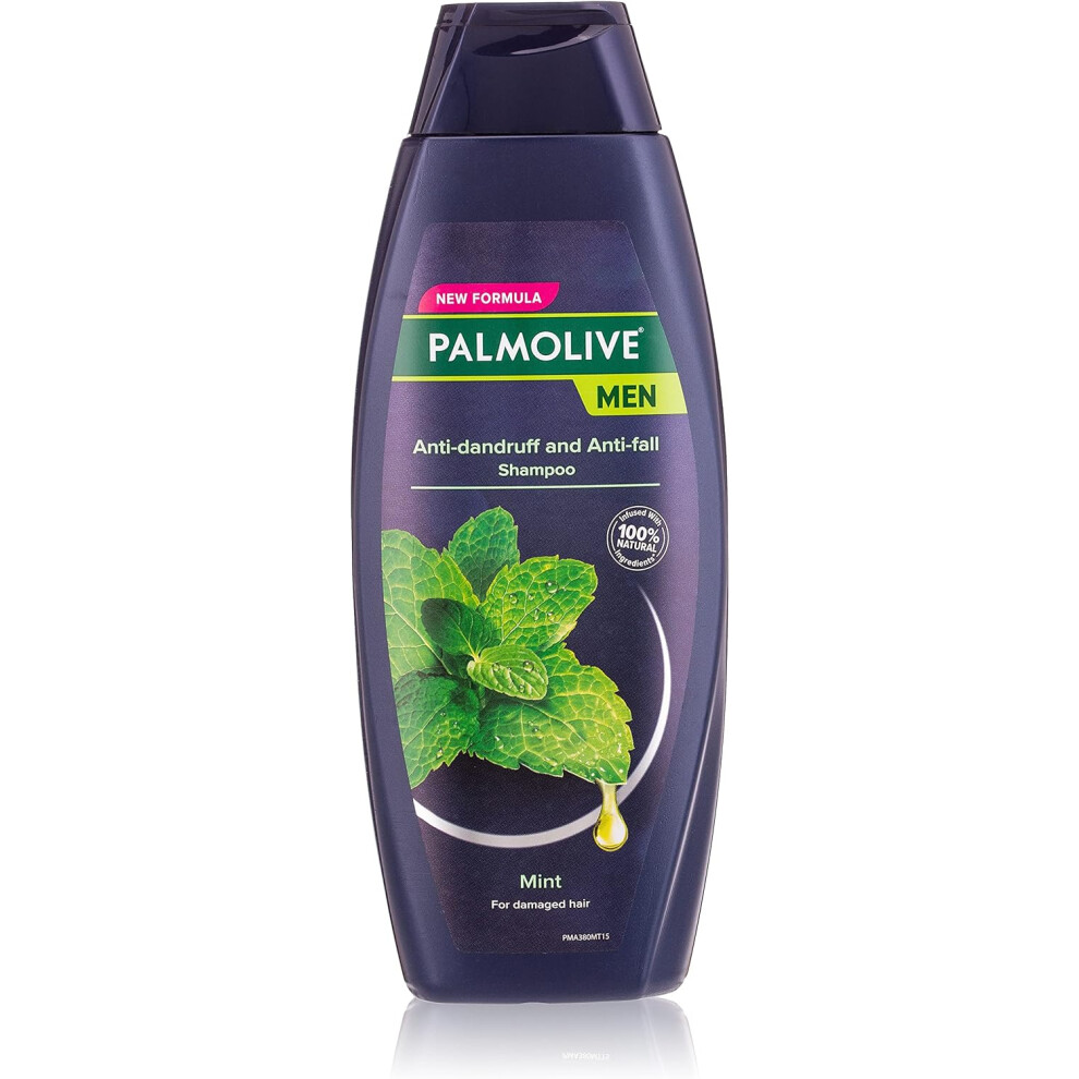 Palmolive Men Anti-Dandruff And Anti-Fall Shampoo For Damaged Hair, 100% Natural Ingredients, Mint Shampoo, 380 Ml