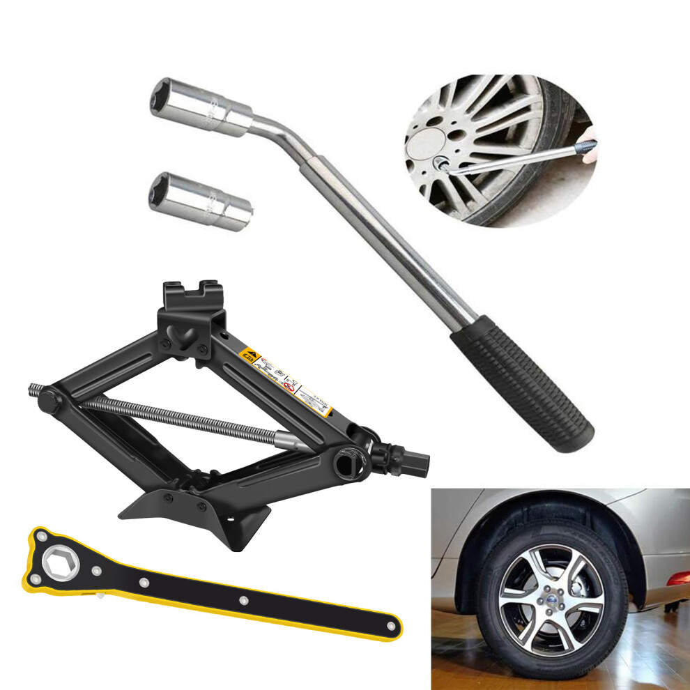 2 Tonne Scissor Jack and Extendable Lug Nut Wrench Telescopic Wheel Brace 4 Socket Standards 17/19/21/23mm, Spare Tire Repair Tool Kit for Car Van