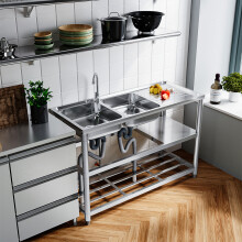 Stainless Steel Two Compartment Sinks with Shelves and Drainboard