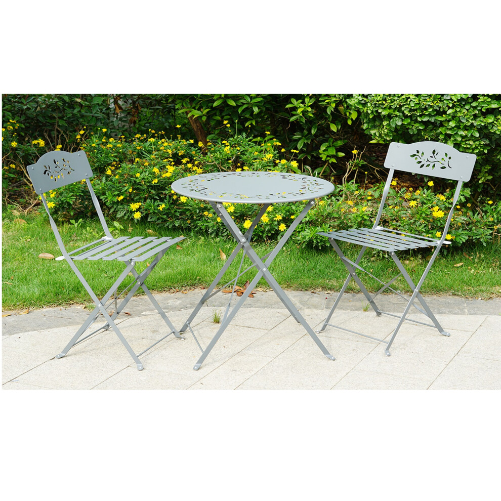 Grey Leaf 3 Piece Garden Folding Chairs Table Bistro Furniture Set