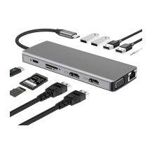 Chronus USB C Hub Multiport Adapter - 2 x 4K HDMI, RJ45 Ethernet, VGA, USB 3.0, SD + MicroSD Card Reader, 3.5mm Jack, Type C PD(Grey)