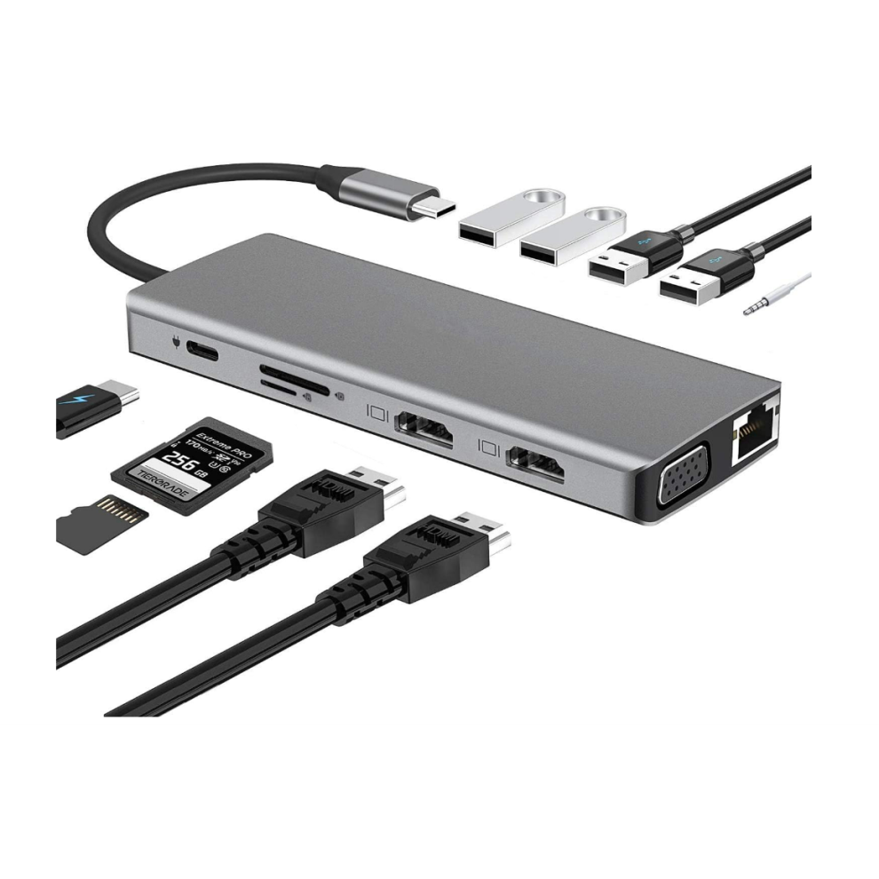 Chronus Usb C Hub Multiport Adapter - 2 X 4K Hdmi, Rj45 Ethernet, Vga, Usb 3.0, Sd + Microsd Card Reader, 3.5Mm Jack, Type C Pd(Grey) Grey 9331758470151